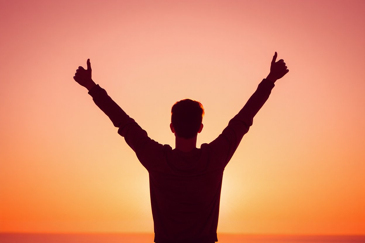 парень радостно поднимает руки на фоне рассвета